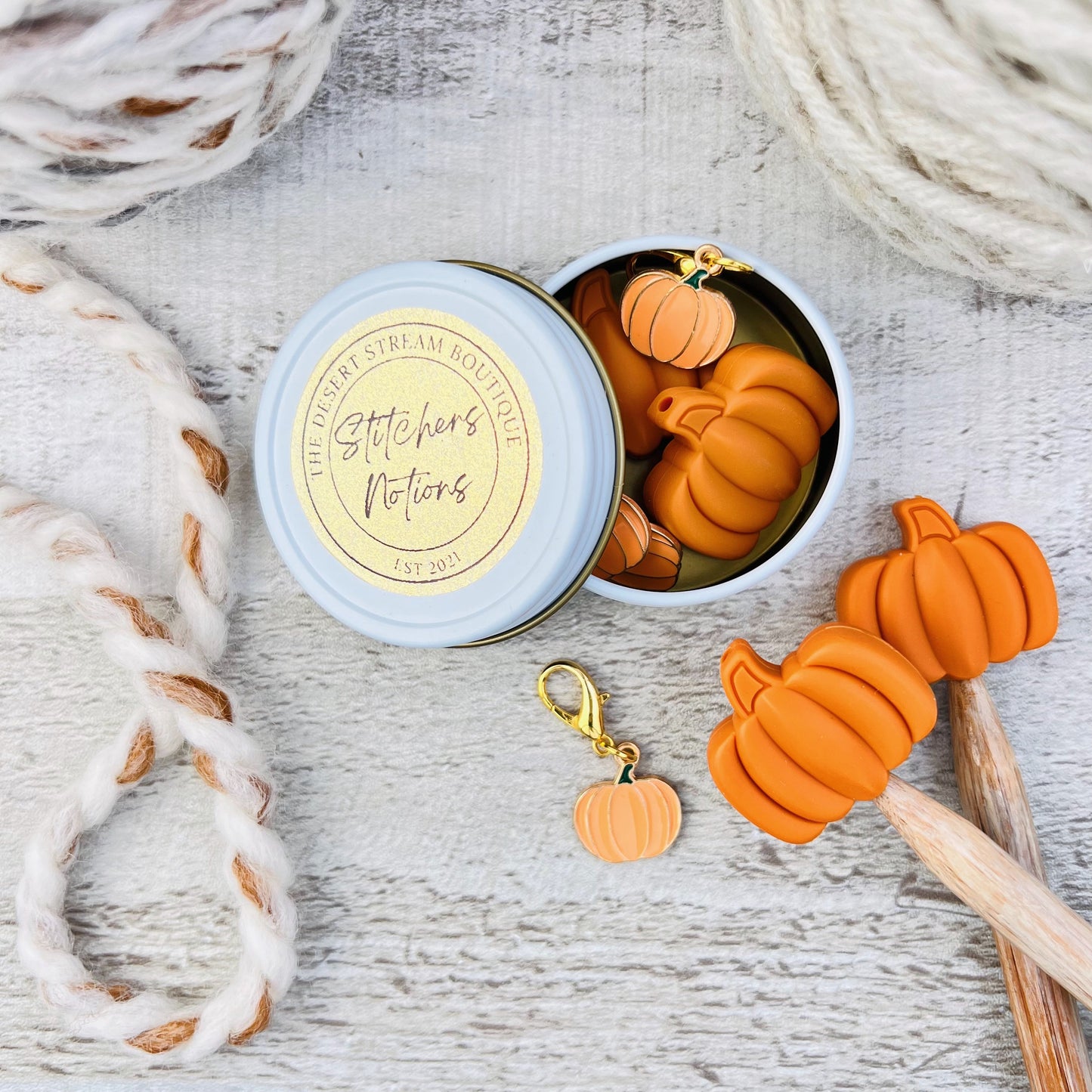 Pumpkin PSL Knitting Notions Tin Set