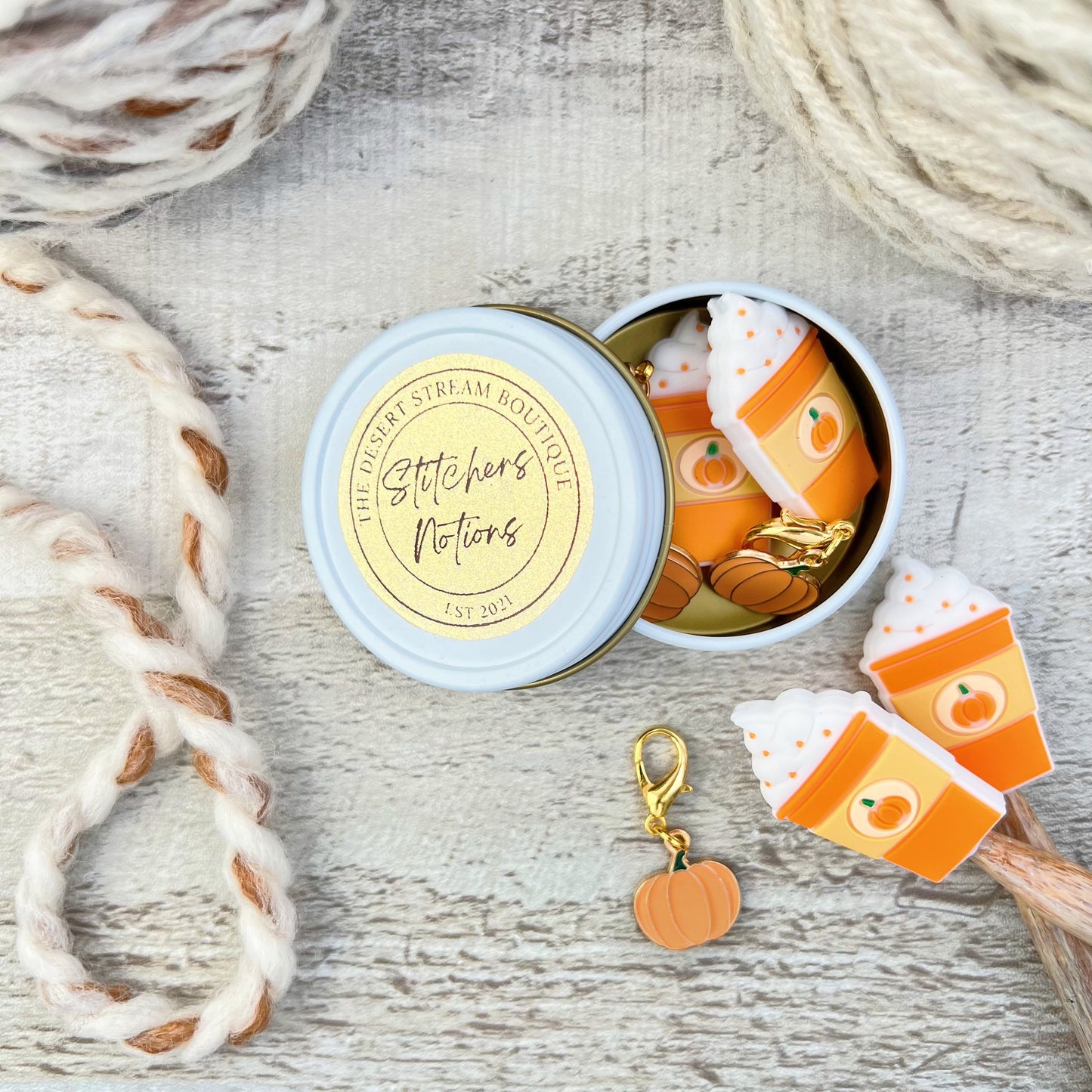 Pumpkin PSL Knitting Notions Tin Set