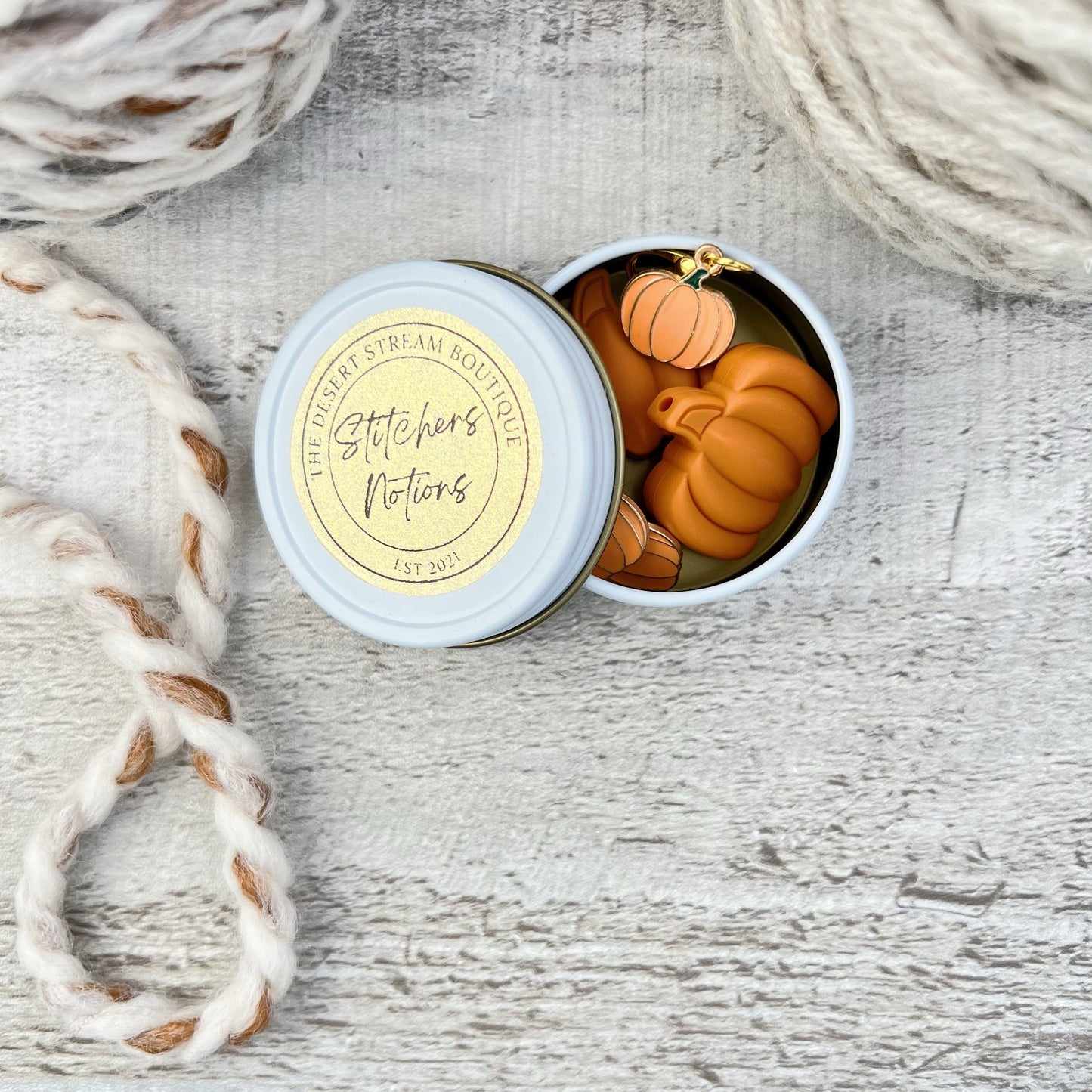 Pumpkin PSL Knitting Notions Tin Set