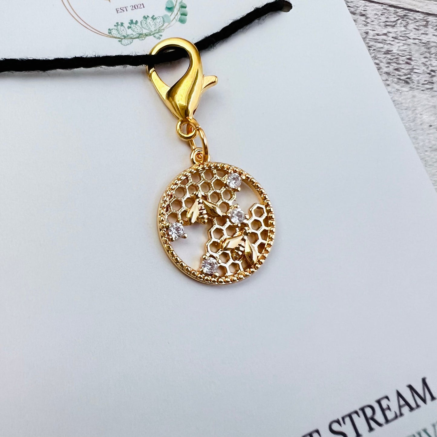 Honeycomb Bee Stitch Marker - Luxe Limited Collectors Edition - 18K Gold Cubic Zirconia