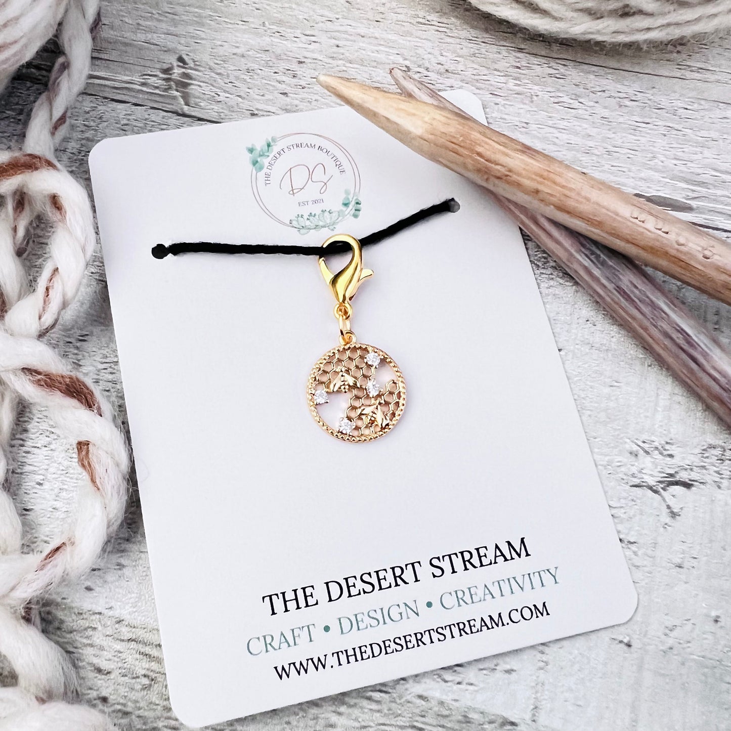 Honeycomb Bee Stitch Marker - Luxe Limited Collectors Edition - 18K Gold Cubic Zirconia