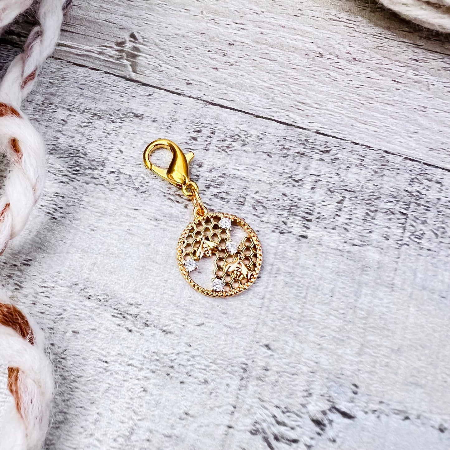 Honeycomb Bee Stitch Marker - Luxe Limited Collectors Edition - 18K Gold Cubic Zirconia