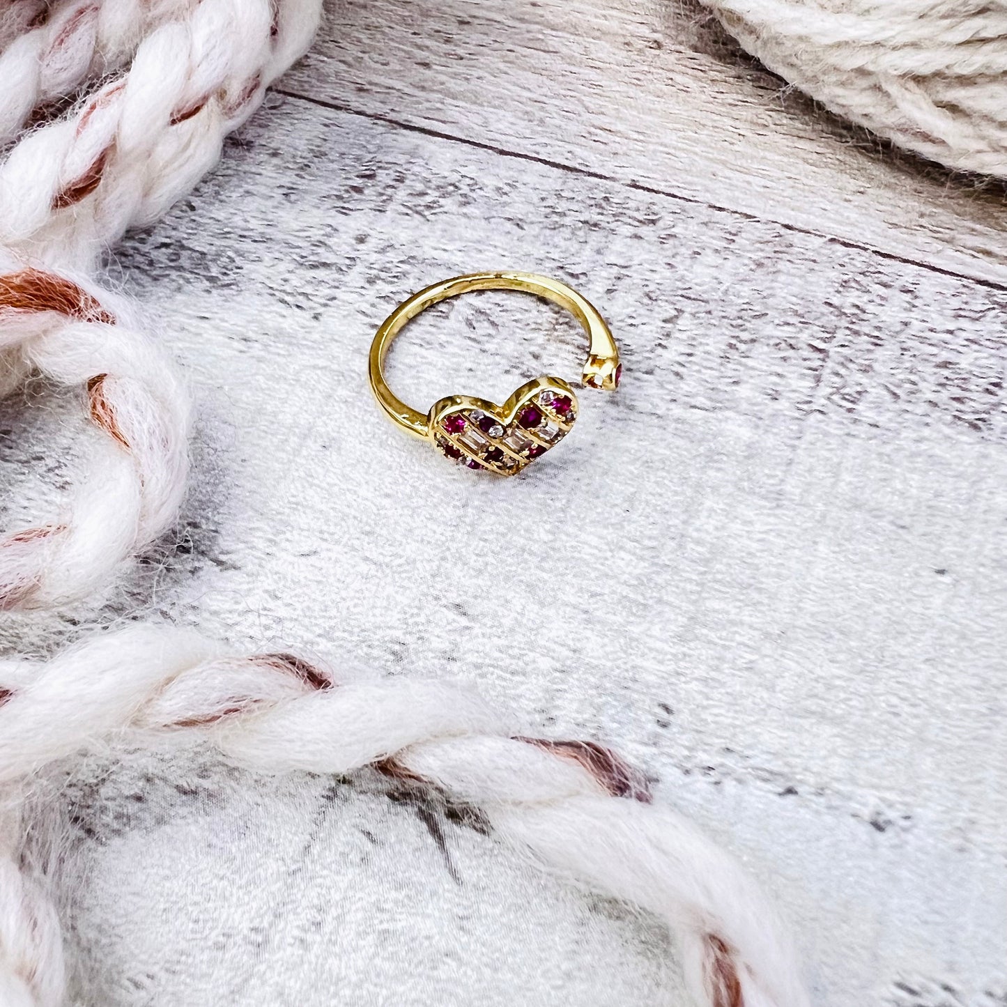 Red Heart Adjustable Tension Ring 18K Gold Cubic Zirconia
